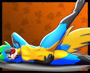 3_toes anthro apple avian_feet belly blue_body blue_feathers countershade_torso countershading eyewear facial_markings feathers feet femboy food fruit glasses green_highlights head_markings highlights_(coloring) holidays male maple_leaf markings orange_eyes pattern_background plant platter round_glasses simple_background solo spread_legs spreading toes yellow_belly meatyr thanksgiving mitchell_(meatyr) ara_(genus) avian bird blue-and-yellow_macaw macaw neotropical_parrot new_world_parrot parrot true_parrot hi_res