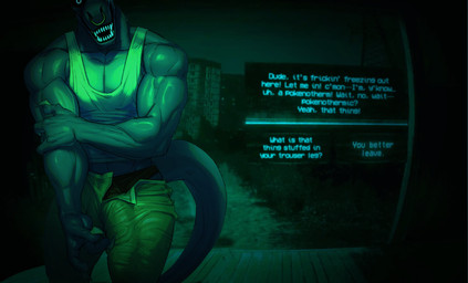 bottomwear bulge claws clothing dialogue facial_piercing gameplay_mechanics looking_at_viewer male muscular muscular_male nose_piercing nose_ring pants piercing ring_piercing scary shirt tail tank_top teeth topwear fishingmanmax scalie absurd_res hi_res