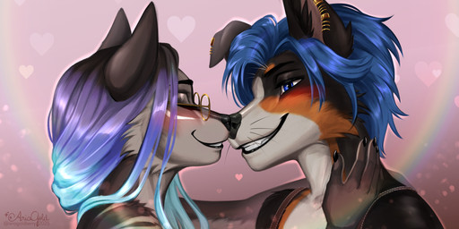 anthro black_body black_claws black_fur black_nose blue_eyes blue_hair boop brown_body brown_fur cheek_tuft claws duo ear_piercing ear_ring eyewear facial_markings facial_tuft female floppy_ears fur glasses hair head_markings heart_symbol kissing love male male/female markings nose_boop orange_body orange_fur piercing pointy_ears purple_hair ring_piercing smile stripes tuft whiskers white_body white_fur ariagoldberry alexcooper astreya_northstar border_collie canid canine canis collie domestic_dog herding_dog mammal pastoral_dog sheepdog wolf 2025 2:1 digital_media_(artwork) digital_painting_(artwork) hi_res painting_(artwork)