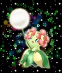 ambiguous_gender blue_eyes blush bokeh dandelion flower flower_(anatomy) glistening head_flower holding_flower holding_object open_mouth plant pseudo_bottomwear pseudo_clothing pseudo_skirt solo nyota_(artist) nintendo pokemon bellossom elemental_creature flora_fauna generation_2_pokemon humanoid pokemon_(species) 2010