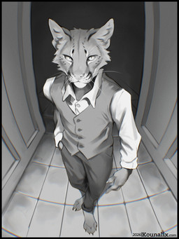 anthro barefoot black_border border bottomwear claws clothed clothing feet finger_claws fish_eye_view fisheye_lens fully_clothed fur looking_at_viewer male pants shirt solo text toe_claws topwear vest whisker_spots whiskers kounalix felid feline mammal 2026 3:4 artist_name digital_media_(artwork) greyscale hi_res monochrome