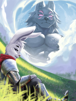 abs anthro armor black_body black_fur blue_eyes cloud duo extreme_size_difference fur grass hair looking_at_viewer macro male multi_eye muscular muscular_male pecs pink_eyes pink_nose plant purple_eyes shirtless_male size_difference sky text white_body white_fur lumii i_think_i_like_you mythology leon_ostiarius sky_(i_think_i_like_you) canid canine canis demon lagomorph leporid mammal mythological_canine mythological_creature rabbit werecanid werecanine werecreature werewolf wolf 2025 3:4 absurd_res artist_name colored hi_res signature