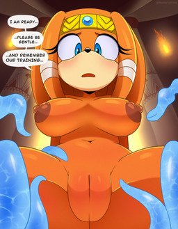 anthro areola big_breasts black_nose blue_eyes blush breasts brown_areola brown_nipples dialogue eyelashes female front_view fur genitals innie_vulva low-angle_view navel nipples nude open_mouth orange_body orange_fur plump_labia solo speech_bubble spread_legs spreading tentacles text thick_thighs vulva wide_hips sirenstudios sega sonic_adventure sonic_the_hedgehog_(series) tikal_the_echidna echidna mammal monotreme english_text hi_res