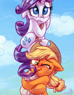 blonde_hair bodily_fluids clothing cowboy_hat cutie_mark duo eyelashes female feral freckles hair hat headgear headwear horn one_eye_closed orange_body pupils purple_hair quadruped rope scared smile tail tears tickling white_body whitediamonds friendship_is_magic hasbro my_little_pony mythology applejack_(mlp) rarity_(mlp) equid equine mammal mythological_creature mythological_equine unicorn 2016 absurd_res hi_res