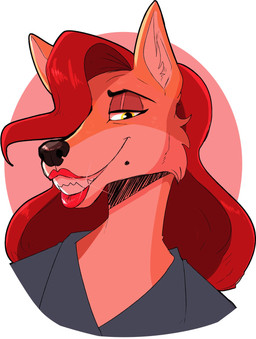 anthro black_nose blue_clothing blue_topwear cheek_tuft clothed clothing eyelashes facial_tuft female front_view fur glistening glistening_eyes glistening_nose grin hair lips long_hair looking_at_viewer narrowed_eyes orange_body orange_fur red_hair red_lips simple_background smile solo tan_body tan_fur topwear tuft unsigned yellow_eyes swampjaws canid mammal bust_portrait hi_res portrait