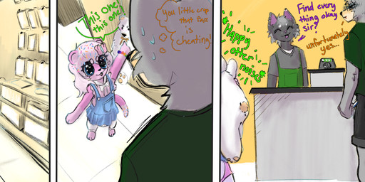 accessory anthro blue_eyes bow_ribbon clothed clothing crossdressing crossdressing_male dialogue diaper duo female femboy fur gesture group hair_accessory hand_gesture jewelry legwear male pink_body pink_fur plushie pointing public shopping skirtalls snaggle_teeth speech_bubble sprinkles sprinkles_in_hair sprinkles_on_tail teddy_bear text thigh_highs trio sonpop katiepup canid canine canis felid feline mammal mustelid otter wolf absurd_res comic english_text hi_res