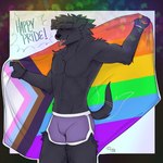 anthro black_body black_fur blush bottomwear bracelet clothing confetti dolphin_shorts flag flag_(object) freckles fur holding_flag holding_object jewelry lgbt_pride male pride_color_flag pride_colors progress_pride_colors shorts slim_male solo cerberussenn lgbt_pride_month shasta_chirmann_(cerberussenn) bird_dog canid canine canis domestic_dog hunting_dog labrador mammal retriever absurd_res hi_res signature