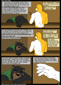 alcohol anthro beverage dialogue drunk male male/male simple_background substance_intoxication text hunterramirez bosco_grosul lionel_davis bear domestic_cat felid feline felis mammal comic english_text url