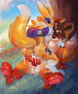 after_sex animal_genitalia animal_penis anthro anus balls blue_eyes blush bodily_fluids breath brown_hair butt canine_genitalia canine_penis cowgirl_position cum cum_in_vagina cum_inside dominant dominant_anthro dominant_female duo ejaculation eyeshadow female from_front_position fur genital_fluids genitals hair happy happy_sex heart_symbol knot knotted_penis looking_back makeup male male/female nude on_bottom on_lap on_top orange_body orange_fur orgasm panting pawpads paws penetration penis plant power_bottom red_body red_fur roots sex sheath sitting smile submissive submissive_male tail tree vaginal vaginal_penetration vulva white_body white_fur yellow_body yellow_fur nihilochannel bandai_namco digimon ferox_(feroxdoon) canid canine digimon_(species) fox mammal red_fox renamon true_fox digital_media_(artwork) digital_painting_(artwork) hi_res painting_(artwork) nonbinary_(lore)