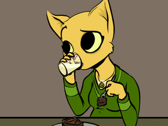 anthro biped breasts cake candy chocolate clothing cutlery dessert drinking female food fork glass jewelry kitchen_utensils milk necklace pendant pink_nose shirt sitting solo tools topwear unknown_artist microsoft prequel_adventure the_elder_scrolls katia_managan vero domestic_cat felid feline felis khajiit mammal 2011 4:3