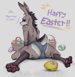 anthro bodily_fluids bulge butt clothing egg genital_outline holidays male paws rear_view solo spread_legs spreading sweat underwear khan_doesart easter hare lagomorph leporid mammal absurd_res hi_res