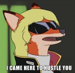 anthro black_body black_fur black_nose blonde_hair clothed clothing cosplay dialogue eyewear fur hair male orange_body orange_fur simple_background solo sunglasses text tggeko disney gundam i_came_here_to_laugh_at_you mobile_suit_gundam mobile_suit_zeta_gundam zootopia nick_wilde canid canine fox mammal red_fox true_fox 2016 english_text meme signature