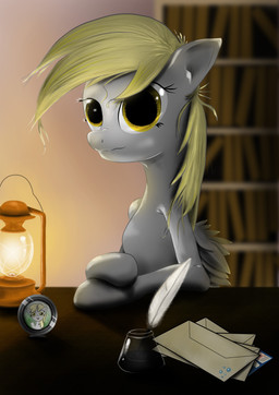 amber_eyes anthro anthrofied blonde_hair book bookshelf candle detailed_background envelope feathered_wings feathers female fire furniture grey_body grey_feathers hair ink inkwell lamp lantern letter looking_at_viewer loose_feather photo quill solo table wings hereticofdune friendship_is_magic hasbro my_little_pony mythology derpy_hooves_(mlp) equid equine mammal mythological_creature mythological_equine pegasus 2012 absurd_res hi_res