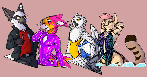 anthro ball beach_ball beak clothed clothing feathered_wings feathers female fur group hair holding_object inflatable lingerie looking_at_viewer male one-piece_swimsuit simple_background smile swimwear tail teddy_(clothing) teeth_showing tongue white_body white_feathers wings chaoticmazzy mythology brian_(ekronvulture) strix_(tek314) accipitriform aquatic avian bird domestic_cat felid feline felis fish furred_shark gryphon hybrid mammal manokit mythological_avian mythological_creature osprey owl shark absurd_res digital_media_(artwork) hi_res