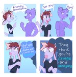 4_panel_comic anthro antlers blonde_highlights blue_background bodily_fluids brown_body brown_fur brown_hair clothing dialogue duo fur hair half-closed_eyes highlights_(coloring) horn humor inner_monologue intrusive_thoughts male narrowed_eyes open_mouth open_smile purple_body purple_fur shirt simple_background smile speech_bubble sweat sweatdrop t-shirt text thinking thought_bubble topwear white_body white_fur wide_eyed heresvix athens_(heresvix) canid canine canis deer domestic_dog mammal comic english_text hi_res