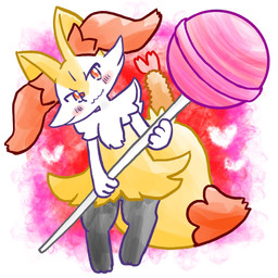 ambiguous_anthro ambiguous_gender anthro biped blush blush_stickers candy closed_smile dessert digitigrade dipstick_tail food front_view head_tilt heart_symbol holding_candy holding_food holding_lollipop holding_object lollipop looking_at_viewer markings mouth_closed object_in_tail shrimp_(food) simple_background smile snout solo standing tail tail_markings wavy_mouth annyui0611 nintendo pokemon braixen canid generation_6_pokemon mammal pokemon_(species) 1:1 2024 digital_drawing_(artwork) digital_media_(artwork) full-length_portrait hi_res japanese_description portrait translated_description