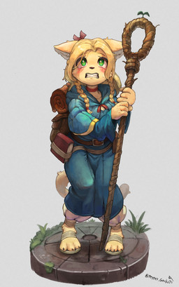 alternate_species anthro backpack belt biped blush bodily_fluids book braided_pigtails buckle claws clenched_teeth clothed clothed_anthro clothed_female clothing female female_anthro front_view fur furrification grass green_eyes hair holding_object holding_staff humanoid_hands knock-kneed nervous plant pouch_(clothing) robe simple_background solo staff standing sweat sweatdrop tail teeth toe_claws peppergecko72 delicious_in_dungeon marcille_donato canid mammal 2024 absurd_res digital_media_(artwork) hi_res japanese_description