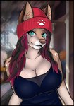 anthro big_breasts black_border border breasts clothed clothing female hair looking_at_viewer solo mizky canid canine canis domestic_dog mammal 2015 absurd_res hi_res