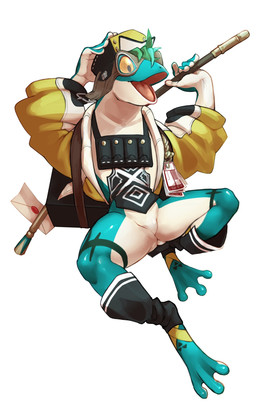 anthro barefoot blue_body blue_skin bottomless butt butt_from_the_front clothed clothing featureless_crotch feet hat headgear headwear jacket legwear letter male multicolored_body open_clothing open_jacket open_mouth open_topwear pole solo topwear two_tone_body white_body white_skin yellow_eyes kuroisumi caravan_stories sadioro amphibian frog humanoid lizardman_(caravan_stories) 2021 hi_res