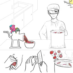 abuse ambiguous_gender ambiguous_human animal_abuse blonde_hair bowl character_prepared_as_food clothed clothed_human clothing container cooking cooking_pot corpse cutlery death eyewear feral fire food fruit fully_clothed fully_clothed_human fur goggles gore green_body green_fur group hair hat headgear headwear kitchen kitchen_knife kitchen_utensils knife lemon machine mask meat_grinder meatball medical_instrument pasta pink_body pink_fur plant scientific_instrument shredder_(machine) spaghetti steam surgical_gown surgical_mask text tools trio young young_ambiguous young_feral yellowcottoncandy030 fluffy_pony fluffy_pony_(species) human mammal 1:1 2025 artist_name digital_media_(artwork) hi_res