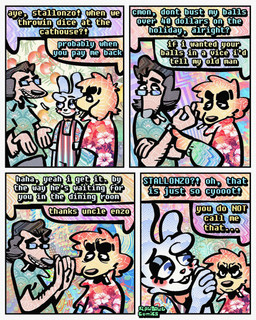 4_panel_comic aloha_shirt anthro arm_hair black_hair body_hair bow_tie cheek_spots cheek_tuft cigarette cigarette_in_mouth clothing dialogue eyewear facial_tuft floppy_ears fur glasses grin group hair half-closed_eyes humor male narrowed_eyes nervous nervous_smile object_in_mouth open_mouth open_smile overalls pattern_clothing pattern_shirt pattern_topwear shirt smile smoking_tobacco speech_bubble tan_body tan_fur teeth text tooth_gap topwear trio tuft white_body white_fur yellow_body yellow_fur rawdawgcomics bingus_(rawdawgcomics) stahli_(rawdawgcomics) bird_dog canid canine canis domestic_dog golden_retriever hunting_dog lagomorph leporid mammal rabbit retriever 4:5 comic english_text hi_res