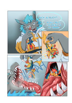 andromorph anthro bodily_fluids duo feral genitals intersex male male/male open_mouth penis saliva size_difference swallowing throat tongue tongue_out vore willing_prey altowovurr domi mythology koiju dragon mythological_creature mythological_scalie scalie absurd_res comic hi_res