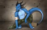 5_fingers anthro barefoot biped blue_eyes claws feet fingers horn knife solo spines tail minerea mythology dragon mythological_creature mythological_scalie scalie 2019 digital_media_(artwork)