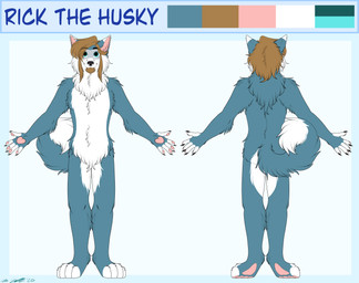 4_toes 5_fingers anthro beard blue_body blue_eyes blue_fur brown_beard brown_facial_hair brown_hair butt claws facial_hair feet fingers front_view fur hair male nude pawpads rear_view smile solo standing text toes white_body white_fur nauticalfeline rick_(rickthehusky25) canid canine canis domestic_dog husky mammal nordic_sled_dog spitz 2020 absurd_res hi_res model_sheet signature nonbinary_(lore)