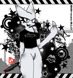 2000s_theme abstract_background anthro blood blood_drip bodily_fluids breasts danger_sign dialogue dripping female fur genitals gesture graffiti hand_gesture hand_on_weapon knife looking_at_viewer melee_weapon middle_finger small_breasts solo star vulva weapon white_body white_fur ghost510 femtanyl token_(femtanyl) felid feline mammal hi_res