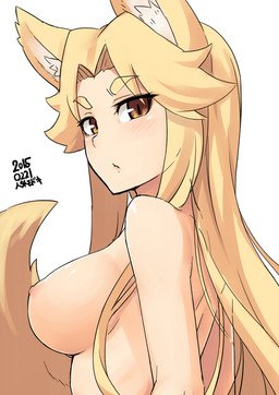 big_breasts blonde_hair blush breasts female fur hair long_hair looking_at_viewer looking_back monster_girl_(genre) nipples nude pupils side_boob simple_background slit_pupils solo text white_background yellow_body yellow_eyes yellow_fur jingai_modoki animal_humanoid canid canid_humanoid canine canine_humanoid fox_humanoid humanoid mammal mammal_humanoid 2015 japanese_text translation_request