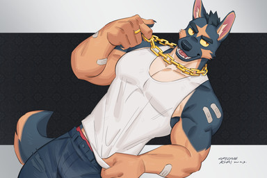 5_fingers anthro bandage bandaged_arm biceps black_body black_bottomwear black_clothing black_fur black_hair black_jeans black_pants black_pawpads bottomwear chain chain_necklace claws clothed clothing denim denim_bottomwear denim_clothing eyebrows finger_claws fingers fur gold_(metal) gold_chain gold_jewelry gold_necklace hair inner_ear_fluff jeans jewelry kemono male multicolored_body multicolored_fur muscular muscular_anthro muscular_male necklace open_mouth open_smile orange_eyes pants pawpads pecs red_clothing red_underwear ring ring_(jewelry) shirt smile solo tail tan_body tan_fur tank_top text topwear tuft underwear white_clothing white_shirt white_tank_top white_topwear yellow_sclera canyne_khai canid canine canis domestic_dog mammal 2023 3:2 artist_name dated hi_res