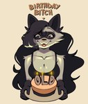 anthro big_breasts birthday birthday_cake breasts cake candle dessert female female_anthro food smile solo text coniraccoon coni_(coniraccoon) mammal procyonid raccoon hi_res