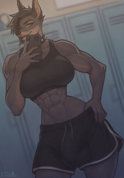 abs anthro balls_outline big_breasts big_bulge black_body black_fur breasts brown_body brown_fur bulge cellphone claws cocked_hip collar detailed_bulge electronics eyelashes fur genital_outline genitals gynomorph hair hair_over_eye holding_object intersex long_eyelashes muscular muscular_anthro muscular_gynomorph muscular_intersex penis_outline phone simple_background small_waist smartphone solo spiked_collar spikes thick_thighs trapezius wide_hips lgnida canid canine canis mammal digital_media_(artwork) hi_res