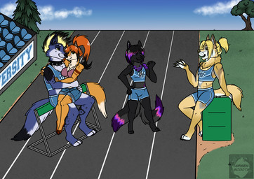 anthro bleachers chatting clothing dirt female group hurdle leaning_on_object male male/female on_lap plant school sitting_on_another sitting_on_lap track_and_field tree uniform university arwenscoots conditional_dnp canid canine canis elemental_creature flora_fauna fox mammal wolf