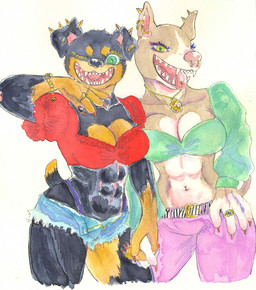 abs anthro barbell_piercing bottomwear breasts cleavage clothed clothing denim denim_bottomwear denim_clothing duo ear_piercing facial_piercing female green_eyes jewelry muscular muscular_female navel navel_piercing nose_piercing piercing ring ring_piercing shorts teeth thong_straps kyokyota canid canine canis domestic_dog mammal mastiff molosser pit_bull rottweiler 2022 absurd_res hi_res traditional_media_(artwork)