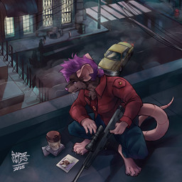 accessory anthro beverage buckteeth car clothing coffee gun hair hair_accessory hair_tie jewelry male necklace night photo purple_eyes purple_hair purple_nose ranged_weapon red_clothing rifle rooftop shadow smoke sniper_rifle solo street teeth vehicle weapon guarezwolf poloroid rahim_(zowen) tucci hyena mammal murid murine rat rodent 1:1 absurd_res hi_res
