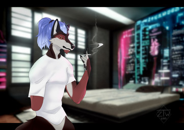 amputee anthro bed blue_hair cigarette disability furniture hair inside male pawpads smoke solo window zhekathewolf canid canine mammal half-length_portrait hi_res portrait