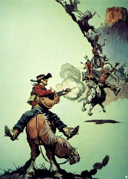 acoustic_guitar ambiguous_gender clothing cowboy feral galloping group guitar gun hat headgear headwear holding_gun holding_object holding_ranged_weapon holding_weapon humor male musical_instrument native_american plucked_string_instrument ranged_weapon retro riding shooting straddling string_instrument tongue vintage weapon western wild_west frank_frazetta equid equine horse human mammal hi_res oil_painting_(artwork) painting_(artwork) traditional_media_(artwork) traditional_painting_(artwork)
