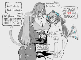 big_breasts bikini bodily_fluids breasts clothed clothing computer_mouse dark_body dark_skin dialogue drooling electronics female female_focus gaming group hair licking licking_lips long_hair male male/female monitor nude playing_video_game saliva sitting speech_bubble standing surrounded sweat swimwear tail tail_motion tailwag text tongue tongue_out topless two-piece_swimsuit under_boob 4_orz final_fantasy final_fantasy_xiv square_enix animal_humanoid cat_humanoid felid felid_humanoid feline feline_humanoid human humanoid mammal mammal_humanoid english_text hi_res monochrome