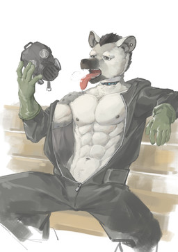 abs anthro areola athletic athletic_anthro athletic_male clothed clothing collar ear_piercing eyebrow_piercing facial_piercing fur gas_mask gloves handwear jumpsuit male markings mask multicolored_body multicolored_fur navel open_clothing open_jumpsuit piercing simple_background sitting solo spots spotted_body spotted_fur tongue tongue_out two_tone_body two_tone_fur white_background clowd_fc arknights hypergryph studio_montagne spot_(arknights) hyena mammal spotted_hyena 2026 absurd_res hi_res