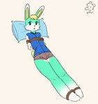 anthro bdsm blush bondage bottomwear bound clothing hotpants jacket looking_at_viewer lying male on_back pillow restraints rope rope_bondage shorts solo topwear panzery25 animal_crossing nintendo sasha_(animal_crossing) lagomorph leporid mammal rabbit absurd_res digital_media_(artwork) hi_res