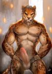 abs amber_eyes anthro balls biped clothing countershading erection foreskin front_view fur genitals humanoid_genitalia humanoid_penis looking_at_viewer male markings mostly_nude muscular muscular_anthro muscular_male nipples pecs penis sex simple_background solo spots spotted_body spotted_fur standing underwear vein whiskers cheetahpaws felid leopard mammal pantherine 2019 alternate_version_at_source digital_media_(artwork) hi_res