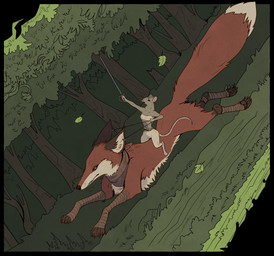 ambiguous_gender anthro digitigrade dipstick_tail duo ear_piercing falling_leaves female feral forest forest_background fur gloves_(marking) holding_melee_weapon holding_object holding_rapier holding_sword holding_weapon leaf leg_markings leg_wrap markings melee_weapon mount nature nature_background piercing plant rapier red_body red_fur riding socks_(marking) sword tail tail_markings tree weapon white_tail_tip garbagegarage canid canine fox mammal mouse murid murine red_fox rodent true_fox hi_res