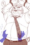 anthro belly blush bodily_fluids bottomwear bound clothing disembodied_hand duo ghost_hand humanoid_hands kemono male necktie overweight overweight_male pants rope simple_background solo_focus sweat text white_background ryuta-h felid mammal pantherine tiger 2020 japanese_text