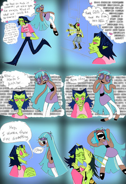 abstract_background accessory annoyed black_clothing black_footwear black_shoes blue_bottomwear blue_clothing blue_eyelashes blue_eyes blue_hair blue_pants blue_shorts blurred_background blurred_text bodily_fluids bottomwear brown_arms brown_body brown_face brown_skin clothed clothing converse_shoes crying dialogue dress ears_down eyelashes eyes_closed fangs female fingers floating footwear frown gesture green_arms green_body green_ears green_face green_nose green_skin grin group hair hair_accessory hairband half-closed_eyes hand_in_pocket heart_symbol holding_partner kissing legwear long_hair looking_at_viewer male male/male motion_lines narrowed_eyes open_mouth pants pink_clothing pink_eyes pink_shirt pink_topwear pivoted_ears pockets pointy_ears pointy_nose print_clothing print_shirt print_t-shirt print_topwear purple_clothing purple_dress purple_eyelids shirt shorts smile speech_bubble stockings stubby_arms t-shirt tank_top tears teeth text topwear trio walking waving whiskers white_clothing wrist_warmers yellow_teeth plentyofsoup cartoon_network powerpuff_girls ace_(powerpuff_girls) bliss_(powerpuff_girls) snake_(powerpuff_girls) human humanoid mammal comic digital_media_(artwork) english_text handwritten_text hi_res