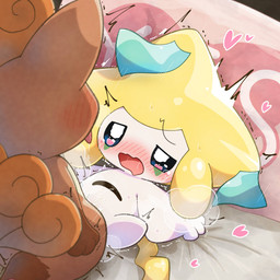 bed belly_eye bestiality blush blush_lines bodily_fluids duo female female_humanoid female_on_feral feral feral_penetrating feral_penetrating_female feral_penetrating_humanoid fur fur_tuft furniture genital_fluids head_tuft heart_symbol hearts_around_body hearts_around_head high-angle_view humanoid_on_feral humanoid_penetrated interspecies leg_markings looking_at_another looking_at_partner lying lying_on_bed male male/female male_feral male_on_humanoid male_penetrating_humanoid markings multi_tail multicolored_body multicolored_fur obscured_sex on_back on_bed orange_body orange_fur paws penetration penile penile_penetration penis_in_vagina pillow quadruped sex socks_(marking) steam tail three-quarter_view tongue tongue_out tuft two_tone_body two_tone_fur vaginal vaginal_fluids vaginal_penetration watery_eyes wavy_mouth white_body yellow_body yes-no_pillow yes_pillow lucky777 nintendo pokemon generation_1_pokemon generation_3_pokemon humanoid jirachi legendary_pokemon pokemon_(species) vulpix 1:1 2026 absurd_res cel_shading digital_drawing_(artwork) digital_media_(artwork) hi_res meme shaded