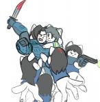 anthro armor blood bodily_fluids body_armor bottomless clothed clothing female group gun hair knife ranged_weapon simple_background violence weapon white_background wounded dynamo07x undertale undertale_(series) bob_(undertale) temmie_(undertale) mammal tem sketch