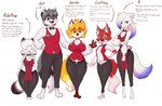 2024 anthro apron barefoot belt big_breasts blue_eyes bottomwear bow_tie breasts canid canine clothing dipstick_ears dipstick_tail ear_markings ear_piercing english_text eyes_closed feet female fox fur grey_body grey_fur grey_hair group hair hand_on_arm hand_on_hip hi_res jasmin_(jasminthemanticore) jasminthemanticore looking_at_viewer male mammal markings multicolored_ears open_mouth open_smile orange_eyes orange_hair pants piercing red_body red_fur shirt smile tail tail_markings text thick_thighs topwear white_body white_fur wide_hips yellow_body yellow_fur