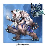 abstract_background anthro arm_markings belly big_belly blue_eyes blue_markings bodily_fluids braided_hair claws crotch_tuft digitigrade fangs featureless_crotch finger_claws fur gradient_fur grey_body grey_fur hair long_hair male markings musclegut muscular muscular_anthro muscular_male open_mouth overweight overweight_anthro overweight_male saliva saliva_string shoulder_markings solo standing teeth tuft white_body white_fur crazydrak league_of_legends riot_games tencent volibear 1:1 absurd_res hi_res