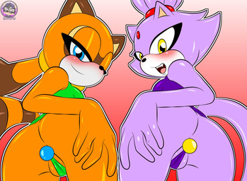 accessory aged_up anal anal_penetration anthro anus blue_eyes breasts brush brushing buttplug cat_tail clothing duo female female/female fur hair_accessory half-closed_eyes hand_on_butt looking_at_viewer looking_back looking_back_at_viewer looking_pleasured multicolored_body multicolored_fur narrowed_eyes open_mouth orange_body orange_fur panties penetration plug_(sex_toy) purple_body purple_fur raccoon_tail sex_toy smile smiling_at_viewer tail tongue topwear underwear yellow_eyes sirjzau sega sonic_the_hedgehog_(series) blaze_the_cat marine_the_raccoon felid feline mammal procyonid raccoon absurd_res hi_res